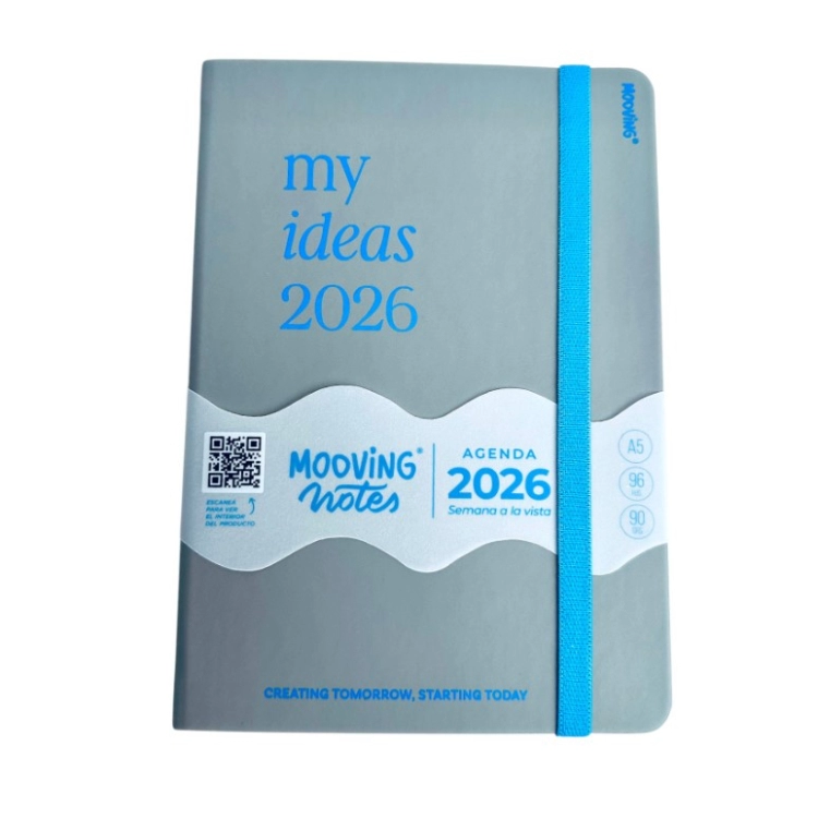 Agenda Mooving 2026 Notes Gris Encuadernada Semana a la Vista 15x21 Art.1446100